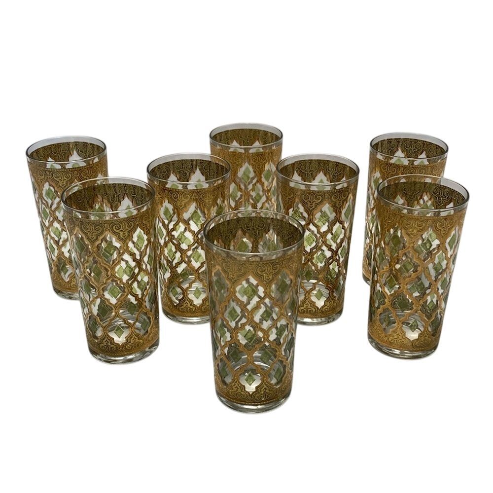Vintage MCM Culver Valencia Print 22K Gold Highball Glasses Set of‎ 8